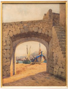 Abóbada com porto e barcos (aguarela)