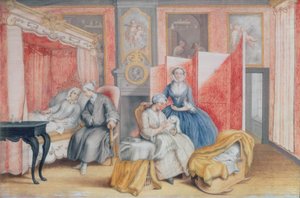 José II (1741-1790) à beira do leito de sua esposa Isabella de Parma após o nascimento de sua filha Maria Teresa (1762-1770), 1762 (guache) de Archduchess of Austria Maria Christine