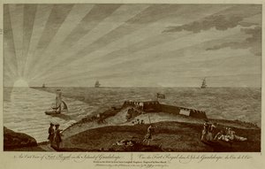 Um grupo de soldados descansa no topo de uma colina em primeiro plano, com Fort Royal além, navios à vela e o pôr-do-sol no mar em segundo plano de Archibald (after) Campbell