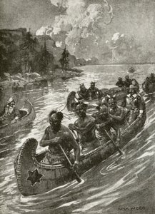 Samuel De Champlain em 1608 subindo o rio St Lawrence nas canoas dos simpáticos índios nativos americanos (litho) de Archibald Bertram (after) Webb
