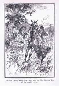 O leão saltou sobre Romer e com um golpe o derrubou da sela, de 1900 de Archibald Webb
