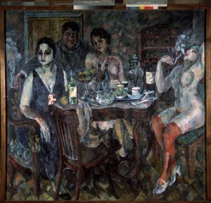 No Estúdio do Artista. O pintor representou a si mesmo, fumando um cigarro, cercado de mulheres nuas, perto de uma mesa com um samovar, garrafas de vinho, copos, xícaras e uma fruteira. Uma atmosfera erótica, pesada e lânguida