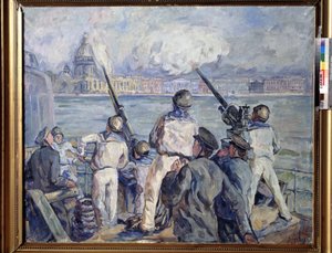 A Defesa do Sevastopol. Episódio da Segunda Guerra Mundial (1939-1945): panorama da cidade da Crimeia a partir de um navio militar russo, cujos marinheiros estão a reprimir o cerco alemão (1941-1942). Pintura por Arista de Aristarkh Vasilievic Lentulov