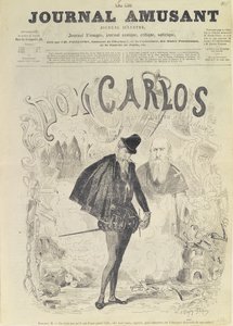 Primeira página de &39;Le Journal Amusant&39;, com uma caricatura de Don Carlos, da ópera &39;Don Carlos&39;, de Giuseppe Verdi (1813-1901):