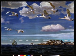 Libertação azul. Migração de gansos selvagens que sobrevoam o mar. Pintura por Arkadi (Arkady) Alexandrovich Rylov (1870-1939), óleo sobre tela