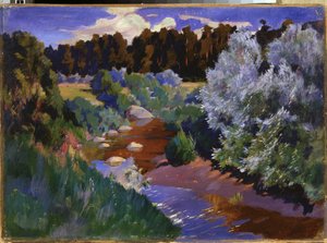 Paisagem com um rio. Pintura por Arkadi (Arkady) Alexandrovich Rylov (1870-1939), óleo sobre tela. Arte russa, finais do século XIX - início do século XX. Museu Estatal Russo, São Petersburgo.