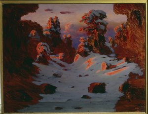 Paisagem de inverno ao pôr do sol (efeito pôr do sol). Pintura de Alexander Ivanovich Kuindzhi (Kouindji) (1842-1910). Óleo sobre tela. Dimensões: 39 x 53 cm. São Petersburgo, Museu do Museu Estatal Russo
