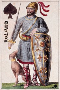 Representação do cavaleiro Roland (ou Hroudland), Marquês das Marchas da Bretanha. Detalhe de uma carta feita por Gustave Houbigant (1789-1862) Paris B.N. do século XIX.