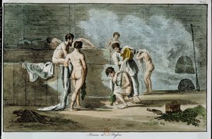 Homens russos em uma sauna, de costumes e costumes russos, 1821 (litografia colorida)