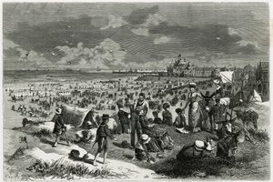 Ostend Beach. Gravura de A. Heins, para ilustrar a história "La Belgique", de Camille Lemonnier (1844-1913), escritor e crítico de arte. Publicado na revista Tour du monde new journal des voyages de Armand Jean Heins
