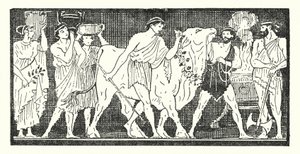 Nestor e seus companheiros levando uma novilha para ser sacrificada (litho)