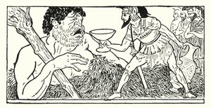 Odisseu oferecendo uma taça de vinho ao gigante Polifemo (litho)