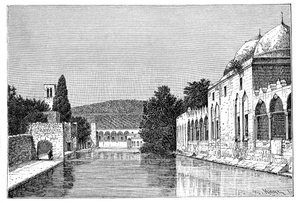 A mesquita e a fonte de Abraham, Ofra At Tayyibah, Cisjordânia, Israel, 1895.