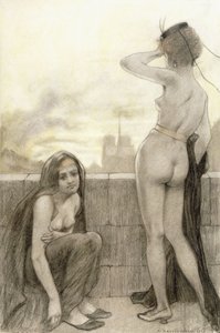 Duas mulheres parcialmente vestidas por uma parede em uma cidade