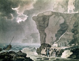 Aterrissagem dos conspiradores no caso Cadoudal no penhasco de Biville perto de Dieppe, 16 de janeiro de 1804 (wc no papel) de Armand de Polignac
