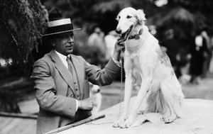 Proprietário com seu cachorro em uma exposição de cães, Itália, c.1905 (placa de vidro)