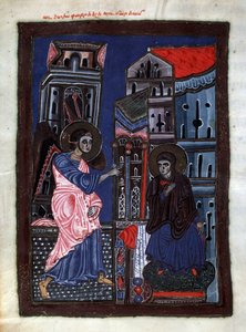 A Anunciação. O Arcanjo Gabriel visita a Virgem Maria. Iluminação pelo mestre do Codex Matenadaran (século XIII), miniatura, aquarela sobre pergaminho
