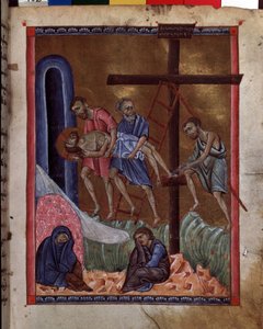 A Deposição. Estão representados: Santa Maria Madalena, a Virgem Maria, Jesus Cristo, José de Arimatéia, São Nicodemos e São João. Iluminação pelo mestre do Codex Matenadaran (século XIII), miniatura, aquarela sobre pergaminho