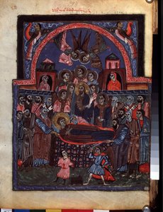 A Dormição da Virgem. Iluminação pelo mestre do Codex Matenadaran (século XIII), miniatura, aguarela sobre pergaminho de Armenian School