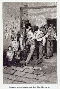 Convite para o duelo siciliano pelo "beijo" mortal, na verdade uma dentada na orelha. Ilustração de Arnaldo Ferraguti para a nova "" Cavalleria Rusticana "" de Giovanni Verga. 1897