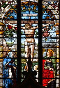 A Crucificação, com a Virgem Maria, São João e Maria Madalena aos pés da Cruz - Vidro manchado na capela do Santo Sacramento, de Arnaud de Moles (1470-1520) concluída em 1513 - Catedral Santa Maria d