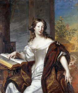 Retrato de uma dama, sentado três quartos, em um vestido branco e capa forrada de pele,