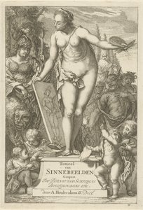 Personificação da pintura em um pedestal Impressão do título de: Toneel van sinnebeelden, segunda parte Cena de estátuas sinne abertas a serviço de pintores, porta-imagens etc. (título da série no objeto)