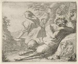 Satyr e figura feminina cobrem os olhos contra a luz solar
Estágio de imagens sinne abertas ao serviço dos pintores detentores de imagens, etc. (título da série) de Arnold Houbraken