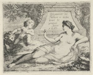 Vênus espionado por um sátiro Ordonnances des tableaux a mettre devant les Gemineés (título no objeto) Cena de estátuas sinne abertas ao serviço de pintores, porta-estátuas, etc. (título da série) de Arnold Houbraken