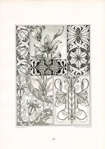 Ornamentos de lírios em composição monocromática (litografia)