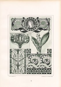 Ornamentação de lírios do vale com medalhão de retrato feminino (litografia)