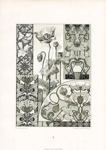 Ornamentos de flores de papoila em monocromático (litografia)