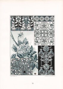 Estudos de ornamentos de rosas em tons verdes (litografia)