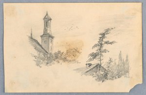Esboço da torre da igreja e do telhado de Arnold William Brunner