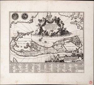 Mappa Aestivarum Insularum, também conhecido como Barmudas dictarum. Folha única, gravura. de Arnoldus Montanus
