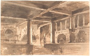Hall de entrada com escadas, colunas e abóbadas
