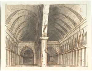 Interior do piso inferior de uma igreja (?) com colunas e abóbada