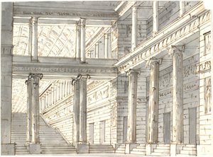 Interior do palácio com colunas e escadaria