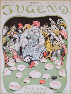 Egg Dance, desenho animado na Primeira Conferência de Paz de Haia, da revista alemã Jugend, 29 de julho de 1899 de Arpad Schmidhammer