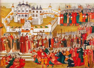 Uma multidão no Mosteiro Hipácia implorando à mãe de Mikhail Romanov para deixá-lo ir a Moscou e de Artamon Sergeevich Matveyev