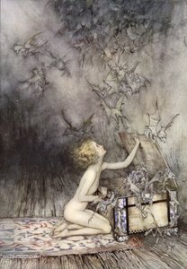 Abertura da caixa de Pandora, cena de A Wonder Book, de Nathaniel Hawthorne (cor litho)