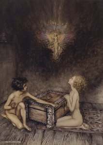 Pandora e Epimetheus, cena de A Wonder Book, de Nathaniel Hawthorne (cor litho)