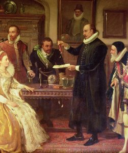Dr. William Gilbert 1544-1603 mostrando seu experimento sobre eletricidade para a rainha Elizabeth I e sua corte, detalhe de Gilberd, óleo do século XIX sobre tela de Arthur Ackland Hunt