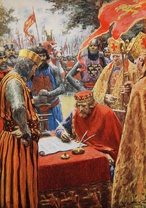 Rei João assinando a Carta Magna com relutância (cor litho)