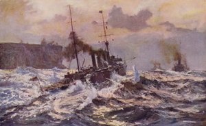 Navios de guerra da marinha australiana saindo do porto de Sydney (lito colorido) de Arthur C. Burgess