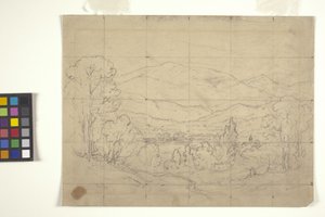 Estudo Para Paisagem Montanhosa (lápis em papel branco ao quadrado para transferência)