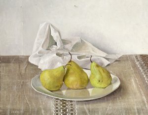 Três peras em um prato, ainda vida, 1990 de Arthur Easton