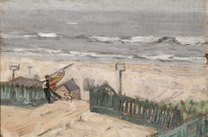 Cabanas de banho com pescador e cachorro, c.1900