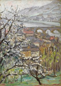 Vista, através, um, pomar, sobre, um, ponte, e, estuário de Arthur Haythorne Studd
