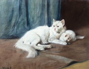 Um gato persa branco com seus gatinhos (óleo sobre tela)